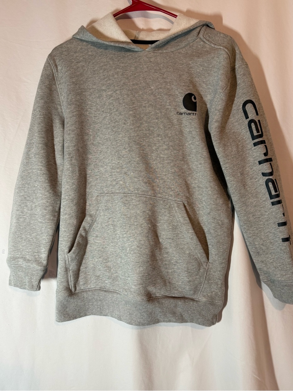 Carhartt Boys Hoodie L 14-16 Gray Logo Sleeve Pullover Fleece Sweatshirt